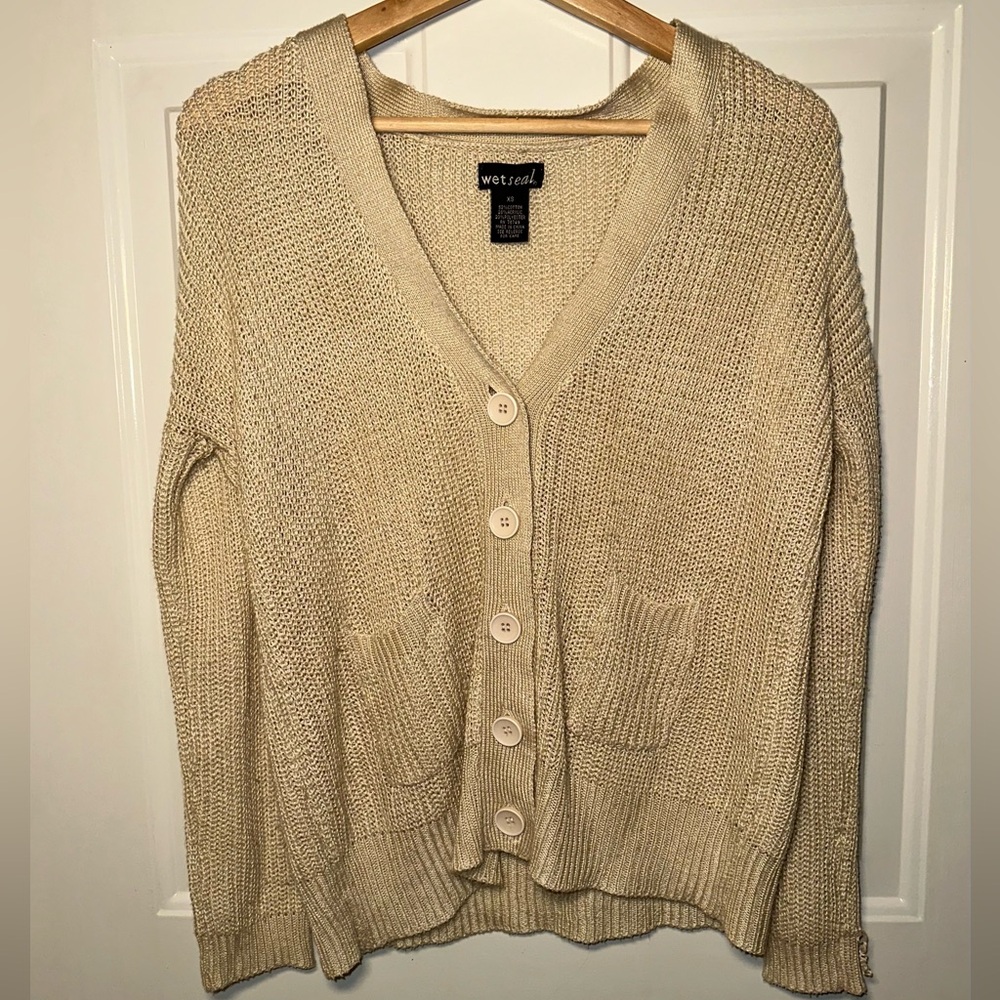 Wet Seal Beige Button-Up V-Neck Knit Cardigan